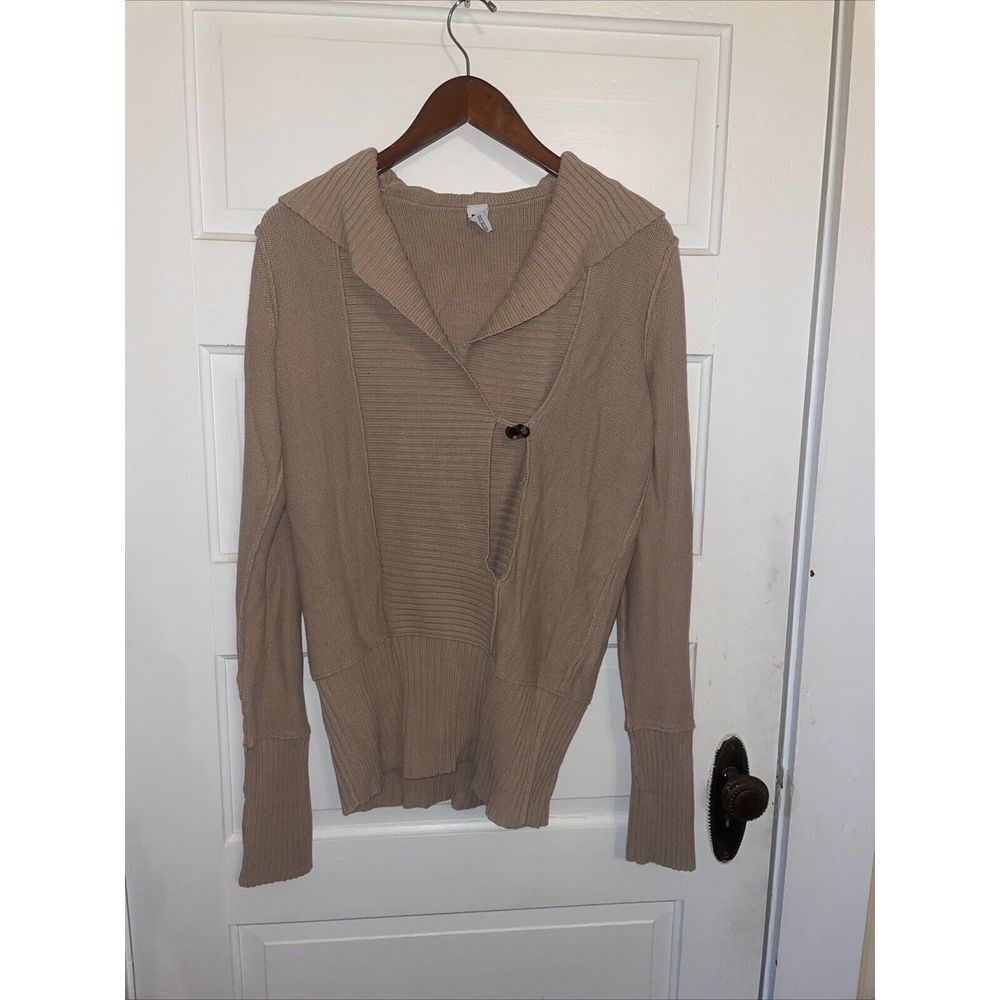 Long Camel Cardigan Partial Open Front With Hood And Chunky Button Closure